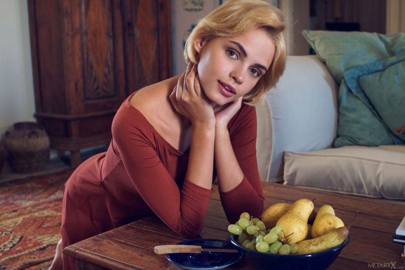table, Lilit A, Natasha Udovenko, 4K, blonde, MetArt Magazine, women, dress