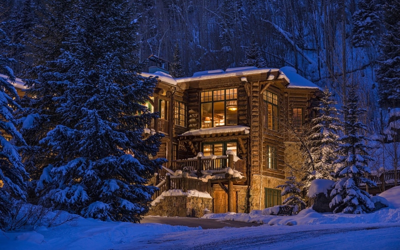 dusk, architecture, beauty in nature, snow, lights, christmas, house, evening, trees, snowcapped mountain, building exterior, 1080P, cold temperature