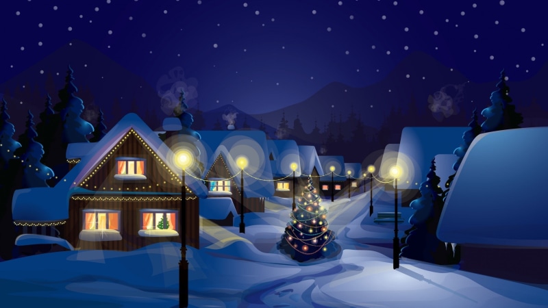 no people, illustration, winter, mountain, cold temperature, lighting equipment, street light, star - space, brown, architecture, light, Christmas Tree