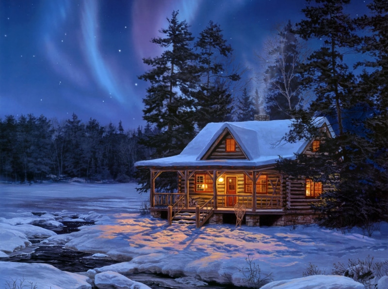 mountain, Evening Performance, cabin, scenics - nature, lights, decor, blue, architecture, 1080P, christmas, wooden, stars, winter, vacations, light, season