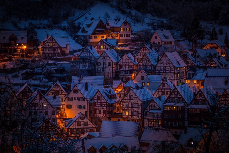 evening, 2K, black forest, houses, fachwerkhäuser, house, nature, lights, orange, snow, travel, cold temperature, building, schiltach, building exterior