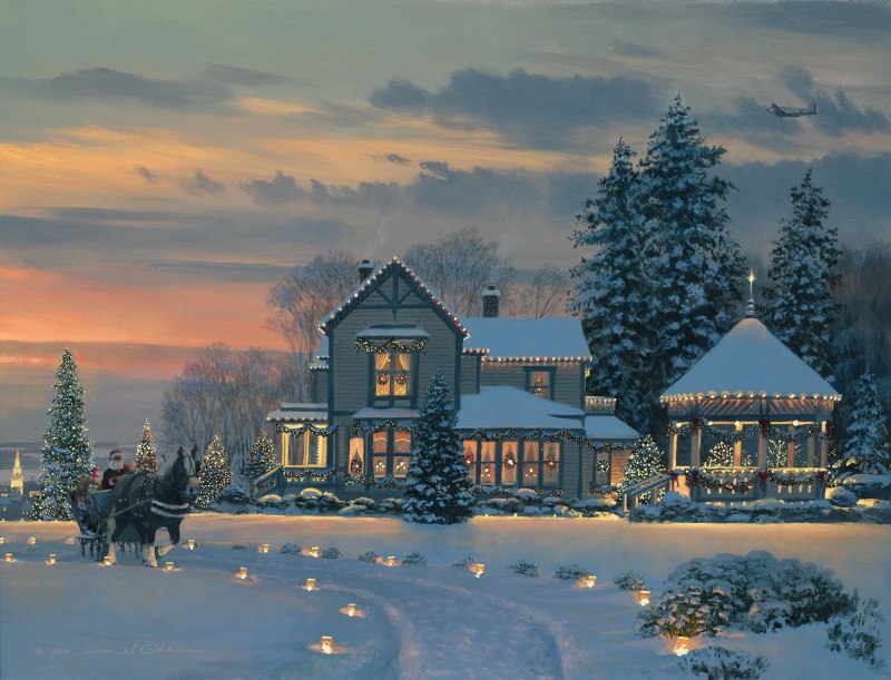 cold temperature, building, Christmas at the Winchester Inn, warm clothing, twilight, lights, painting, Christmas, white, wagon, gazebo, William S. Phillips