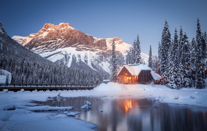 frozen, mountain range, Yoho National Park, mountain peak, scenics - nature, mountains, snowcapped mountain, wooden, Emerald Lake, mountain, beauty in nature