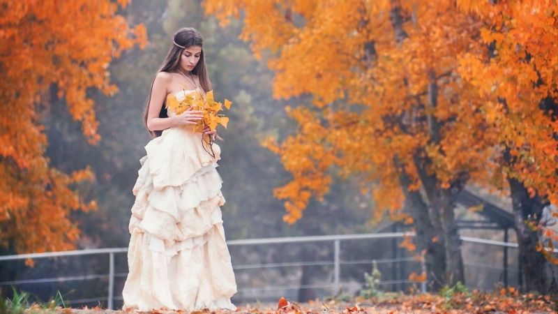 embracing, headband, couple - Relationship, young Adult, hair, bouquet, white, cheerful, bride, leaves, fall, women outdoors, day, beautiful, females, change