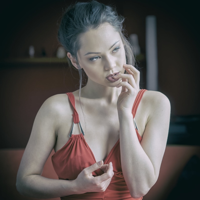 portrait, contemplation, hairstyle, red, hair, top, young women, bare shoulders, women, finger on lips, one person, adult, long hair, red dress, holding
