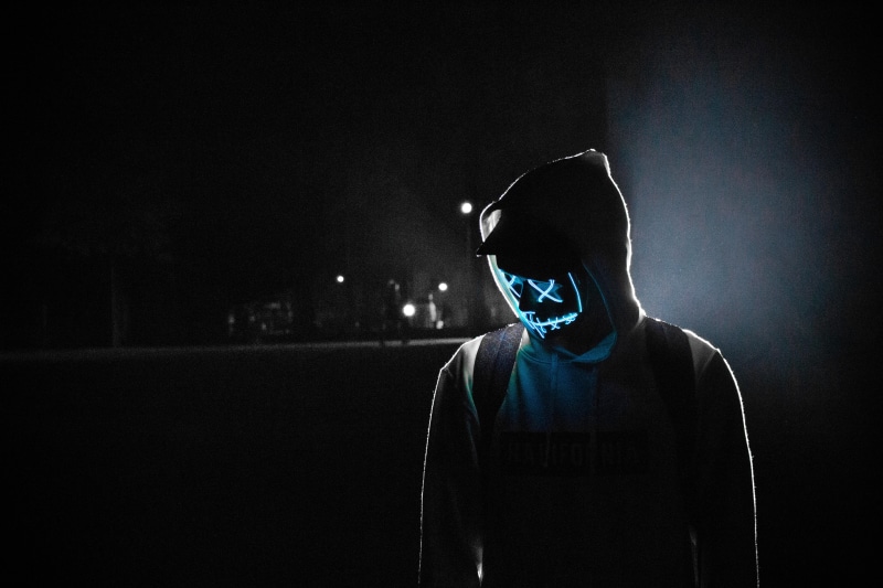misty, darkness, backlit, mystery, 5K, night, portrait, headshot, mask, hood - clothing, fog, casual clothing, young men, led lights, male, jacket, dark
