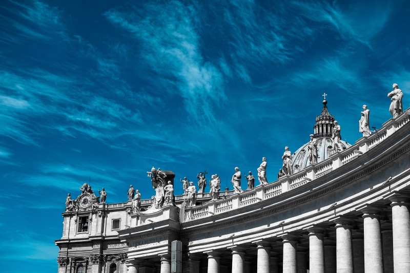 low angle view, travel destinations, nature, sky, the past, top, column, religion, cloud - sky, pillar, vatican, italy, tower, st. peters basilica, vatican city