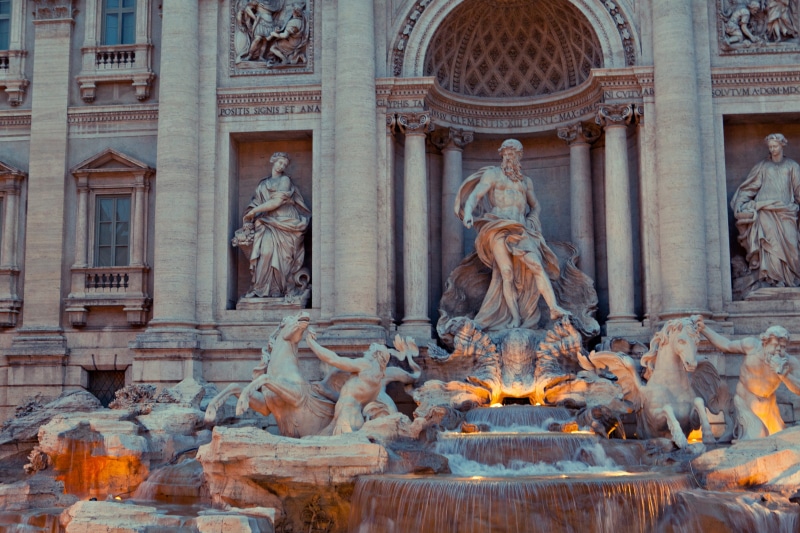 details, male likeness, building exterior, travel destinations, history, Trevi Fountain, travel, evening, architectural column, building, art and craft