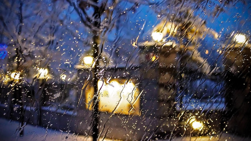 indoors, car, tree, light, winter, lights, raindrop, bokeh lights, wet, night, rainy, window, water, transportation, focus on foreground, glass, drop, snow