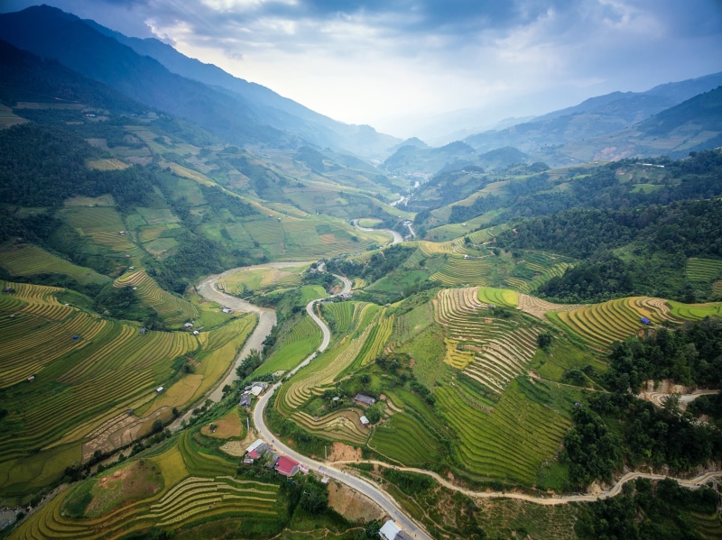 harvest, rural scene, traditional, mountain range, environment, sapa, culture, asia, curve, cloud, light, green color, home, aerial, the village, soil