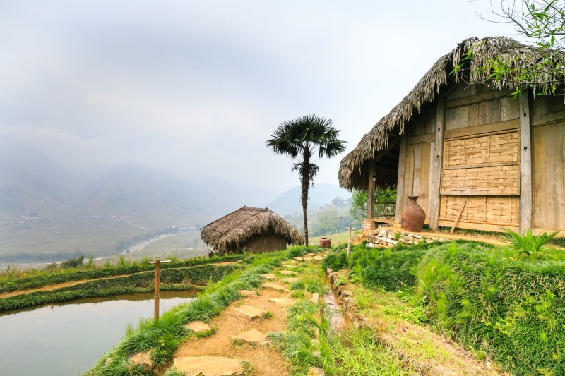 mountain, water, hut, tree, the cultivation, grass, farming, asia, green, eco, travel, built structure, the countryside, see, land, harvest, the field