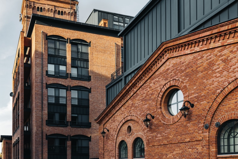 facade, built Structure, outdoors, nature, brick wall, łódź, industrial, buildings, Revitalized, urban, old, brick, arch, street, sky, historic, architecture