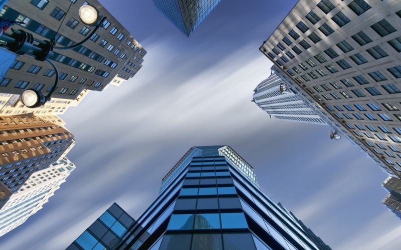 USA, business, lamp, New York City, building, office, buildings, office building exterior, blue, skyscraper, window, cloud - sky, worms eye view, directly below