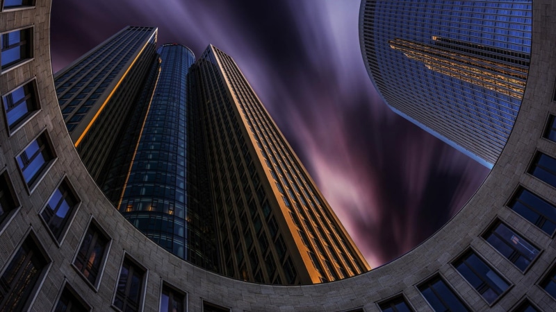 modern, purple, night, Frankfurt, futuristic, urban skyline, nightlife, built structure, 1080P, office, low, outdoors, glass - material, long exposure