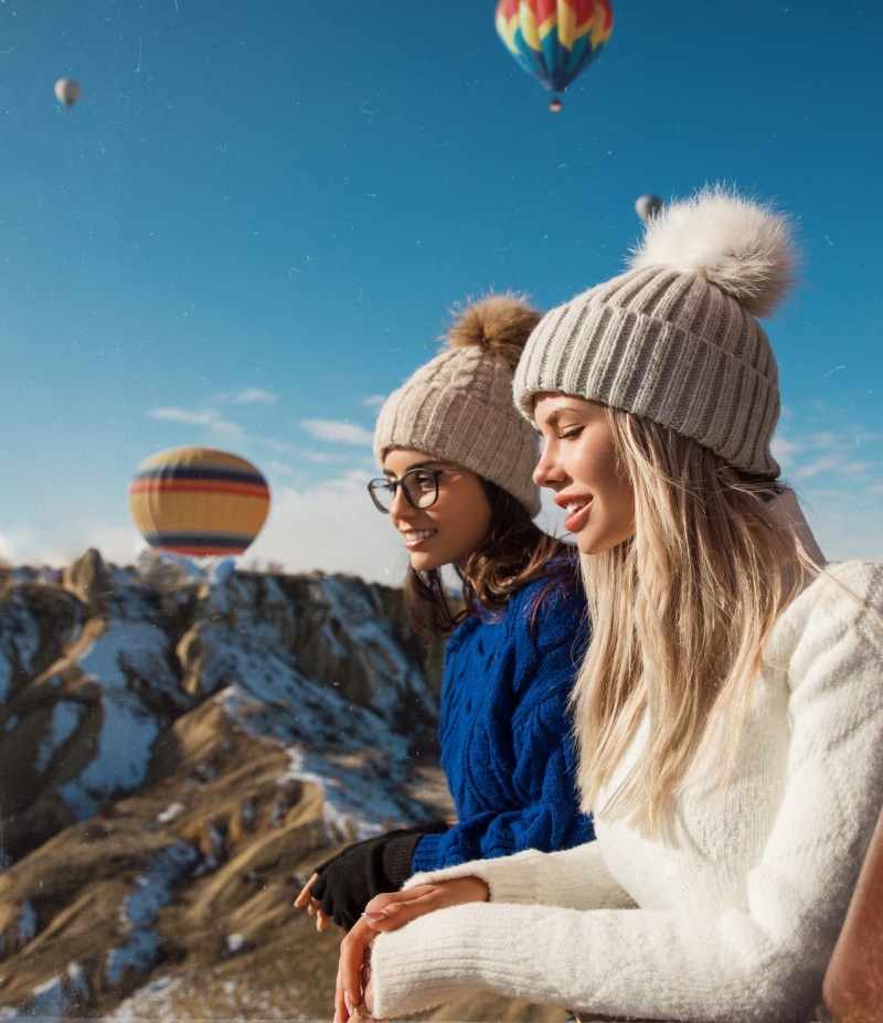 profile, portrait display, sunlight, women outdoors, 1080P, Turkey, Nata Lee, smiling, flying, depth of field, Irina Dreyt, women, Russian women, hot air balloons