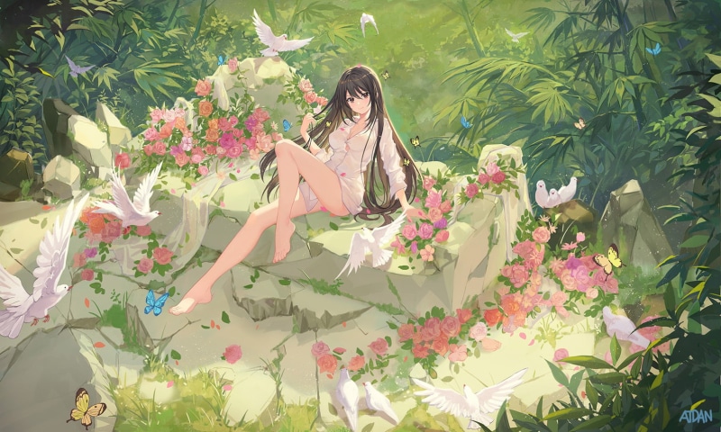 shirt, long hair, Atdan, black hair, anime, birds, legs, artwork, pigeons, digital art, 720P, butterfly, barefoot, white shirt, flowers, anime girls