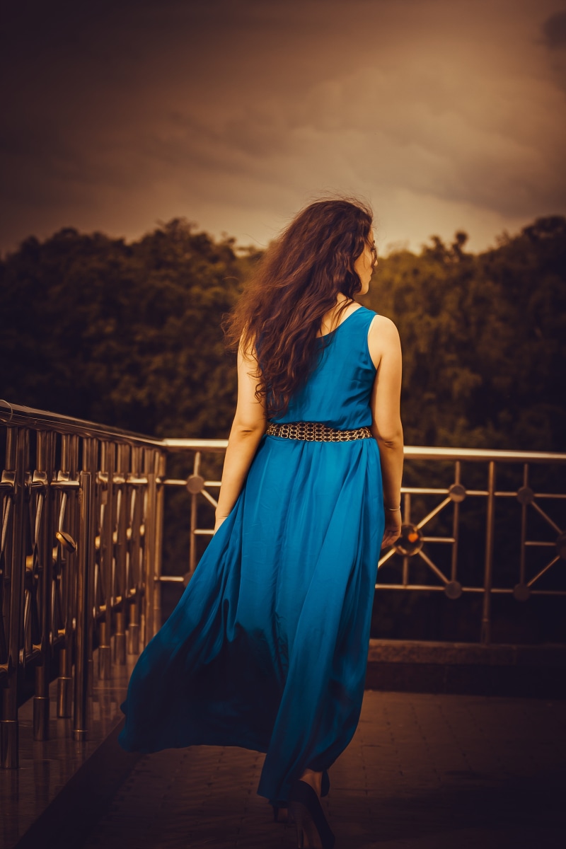 beautiful woman, full length, girl, blue, sitting, contemplation, pretty, woman, railing, long hair, wearing, lifestyles, adult, female, clothing, one person