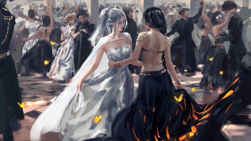 long dress, mantle, elf, dance, dress, fantasy, butterflies, cloak, tiara, fantasy art, 4K, girls, silver hair, bare back, Wlop, crowds, digital art, bare shoulders