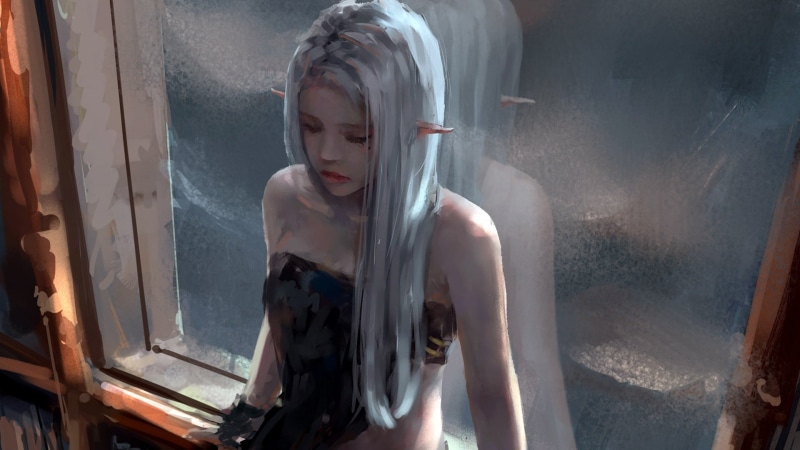 straight hair, digital art, white hair, window, reflection, closed eyes, long hair, bare shoulders, elf, girl, artwork, painting, fantasy art, 1080P, pointed ears