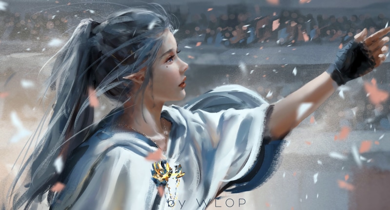 necklace, 2K, fantasy, ponytail, mouth, long hair, cape, digital art, blue eyes, princess, artwork, silver hair, Wlop, face, girl, lips, fantasy art, people