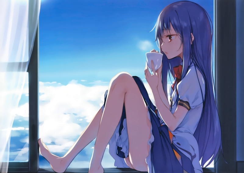 haired, feet, cloud - sky, outdoors, lifestyles, long hair, ke-ta, casual clothing, anime, curtains, clouds, window, side view, glass - material, anime girls