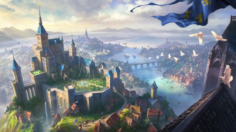 fantasy landscape, artwork, doves, fantasy castle, roofs, birds, fantasy, clouds, city, bridge, fantasy art, river, sky, towers, Castle, ships, 1080P