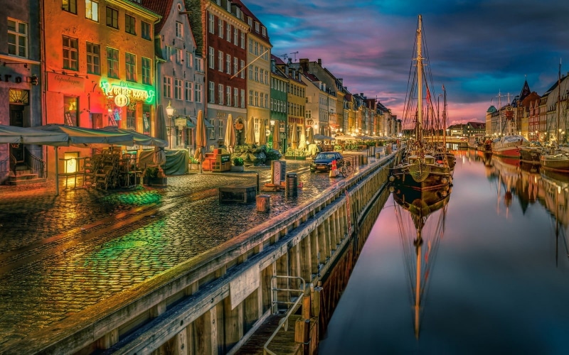 720P, cloud - sky, transportation, photography, dusk, cobblestone, building exterior, no people, Copenhagen, boat, old building, Denmark, architecture