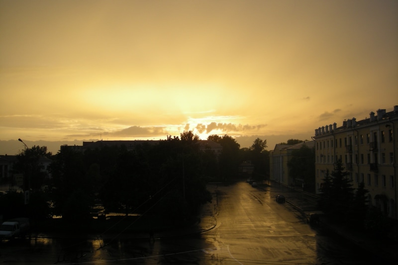 city, building, canal, plant, no people, trees, silhouette, built structure, residential district, orange color, cloud - sky, sunlight, outdoors, nature