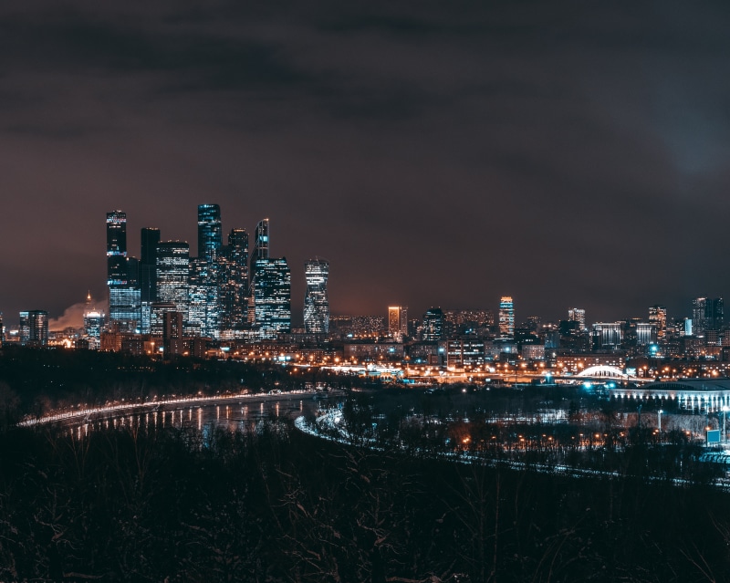 office building exterior, outdoors, urban skyline, cloud - sky, architecture, buildings, Moscow, sky, tall - high, lights, 4K, cityscape, night, no people