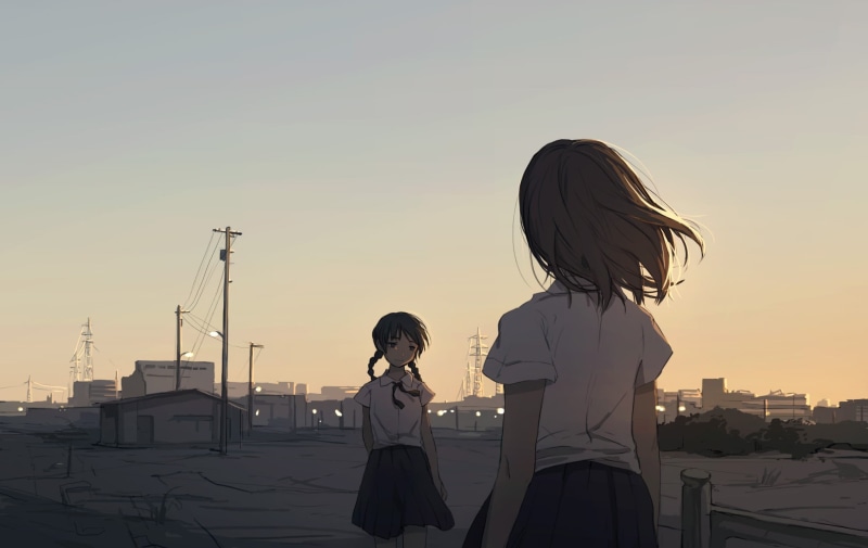 sky, side view, anime girls, casual clothing, three quarter length, architecture, real people, adult, short hair, nature, original characters, clear sky