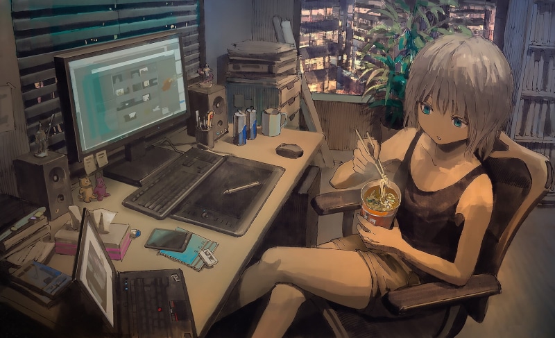 Laptop, adult, seat, Short Hair, art and craft, women, 1080P, Anime, table, creativity, working, sitting, chair, human representation, White Hair, Tablet