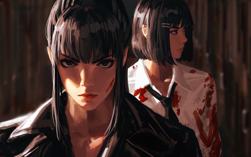 fantasy painting, Z.W. Gu, women, frontal view, black hair, science fiction, black coat, illustration, artwork, original characters, coats, blood, concept art