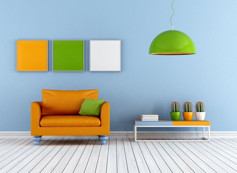 wall - building feature, electric lamp, Colorful lounge, green, lamp, chair, flooring, three dimensional, armchair, domestic room, home showcase interior