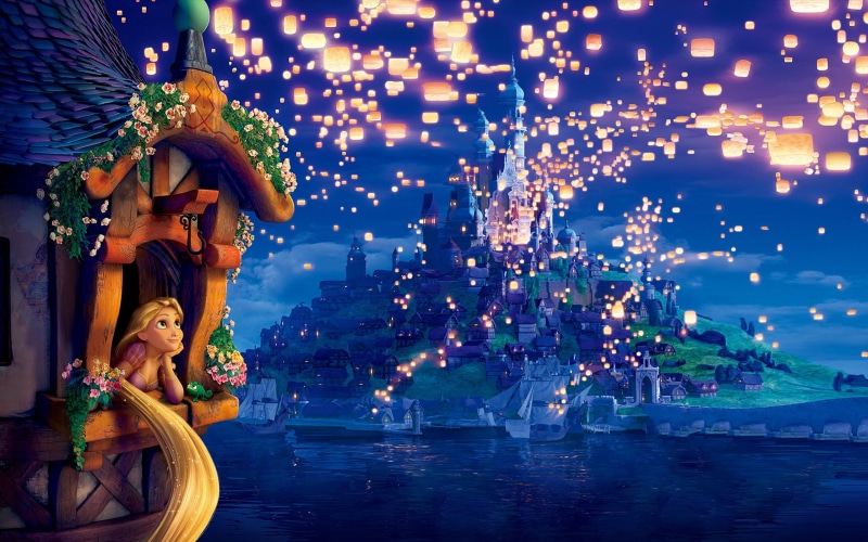the evening, Tangled, lights, dreams, lanterns, Complicated story, Rapunzel, Princess, evening, 2K, night, flowers, the movie, tower