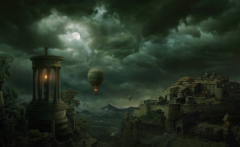 hot, Artistic, city, ominous, gray, asia, cultures, illustration, travel Destinations, power in nature, cityscape, sky, storm cloud, famous Place, digital composite
