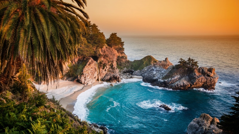 mcway falls, Pacific Ocean, sunset, big sur, 5k, 4K, 4k, california, beach