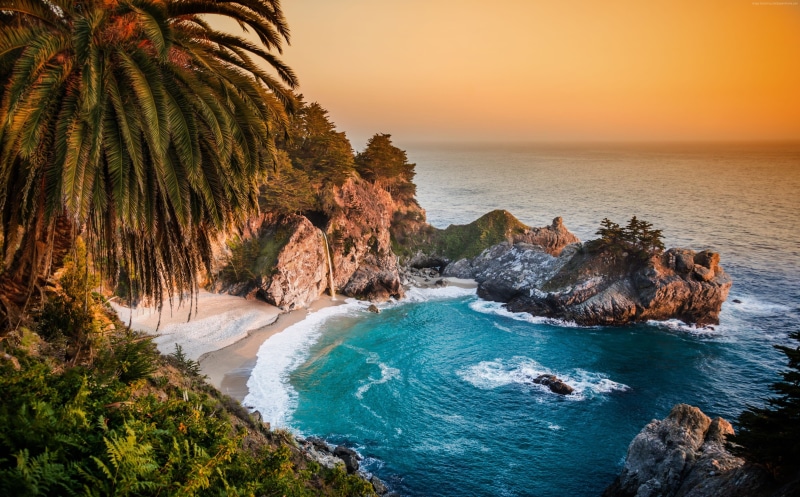 sunset, mcway falls, 4k, 4K, Pacific Ocean, beach, california, 5k, big sur