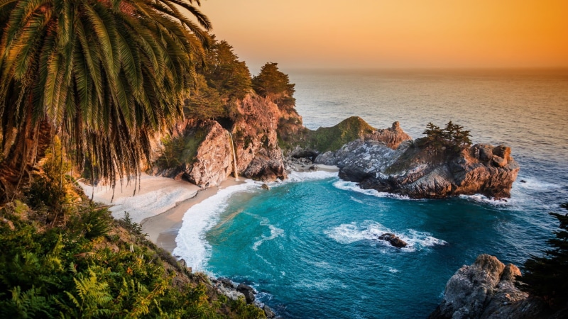 scenics - nature, California, HDR, 1080P, tree, tranquil scene, rocky coastline, solid, horizon, bay, rock, cliff, palm trees, motion, aquatic sport, coastline
