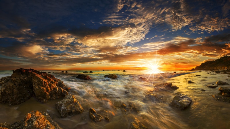 shore, scenics - nature, united states, solid, ocean, orange color, 4K, sunset, beauty in nature, cloud, long exposure, california, malibu, idyllic, evening