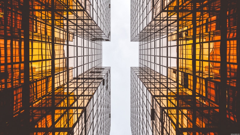 sky, built structure, tower, modern, building exterior, window, square, orange color, metal, day, glass - material, nature, pattern, building, reflection