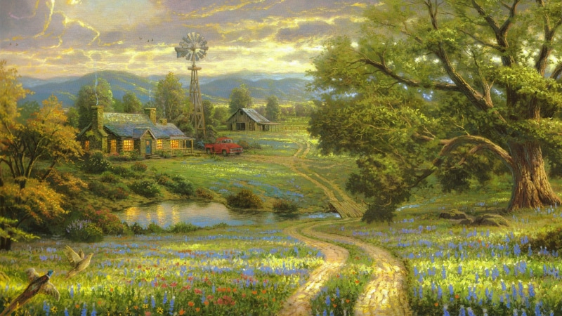 artwork, wild flowers, flowers, house, art, pheasant, pond, car, 4K, home, landscape, village, countryside, farm, road, painting