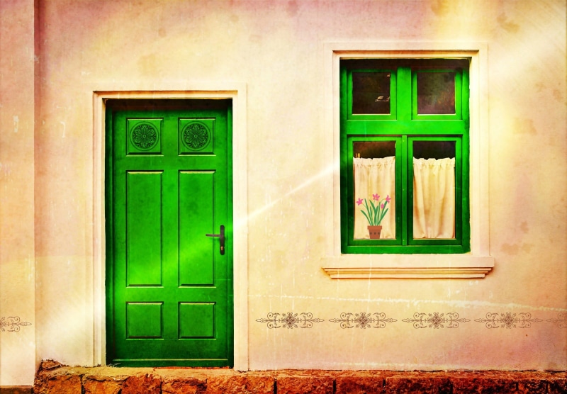 incidence of light, house entrance, wooden door, entrance, hauswand, ornaments, house facade, green, floral decoration, building exterior, home, closed