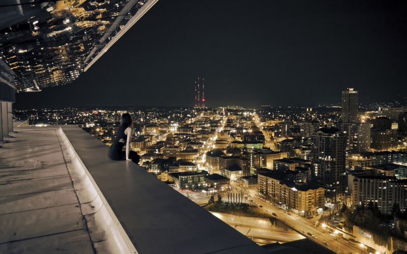 cityscape, rooftops, 1080P, women, city, balcony, lights, sitting, night