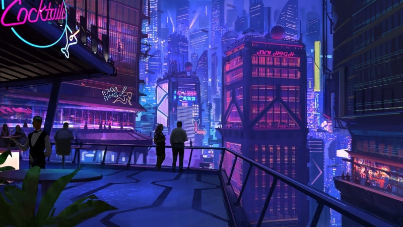 City, Cocktail bar, Ciberpunk, 1080P, Lights, Neon, Art, Balcony, Party