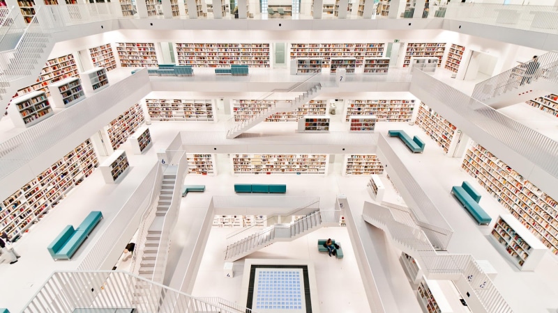 no people, high angle view, shelf, Stuttgart, concrete, built structure, day, stairs, white color, architecture, white, balcony, railing, modern, education