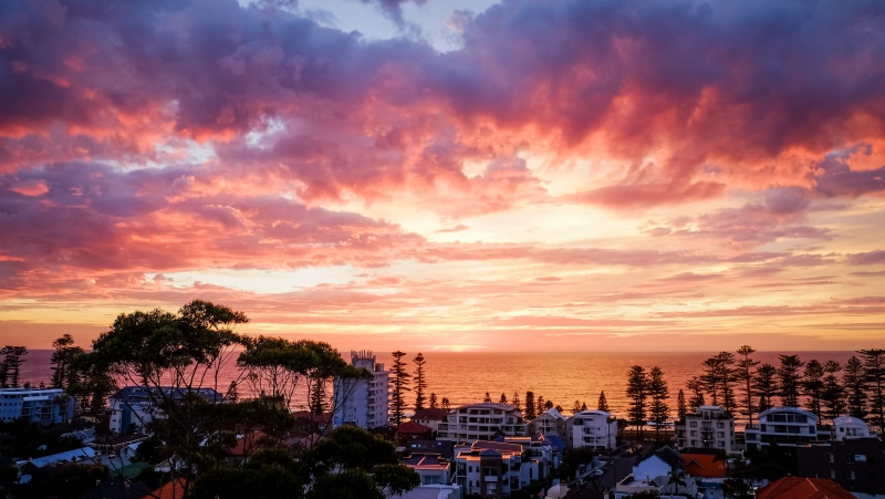 fire, beauty in nature, australia, beach, sunshine, dawn, architecture, landscape, nsw, balcony, cloud - sky, manly, building exterior, beach living, sea