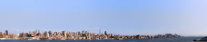 outdoors, landscape, travel, blue, wide angle, clear sky, triple screen, sky, architecture, building exterior, 5K, land, panoramic, sea, city, urban skyline