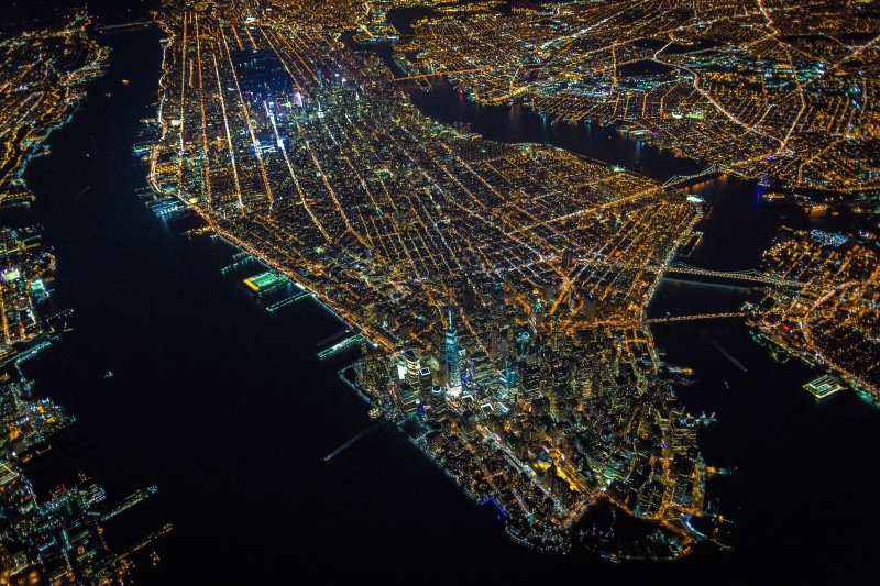 glowing, aerial, water, building exterior, travel destinations, transportation, pattern, sea, complexity, aerial view, USA, 2K, reflection, night, outdoors