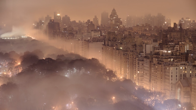 photography, New York City, 1080P, architecture, outdoors, fog, night, pollution, Central Park, no people, nature, city life, building exterior, residential district