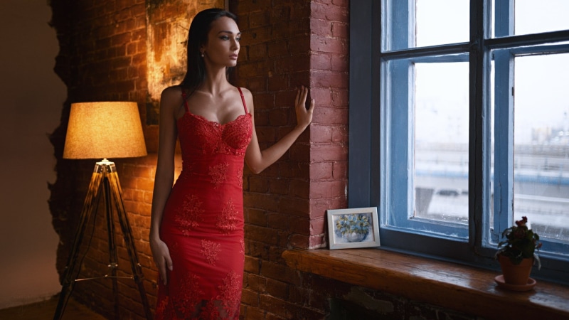 contemplation, clothing, lace, strap, hairstyle, standing, young adult, spaghetti, Kseniya Alekseevskaya, Sergey Fat, lamp, adult, dress, women, one person